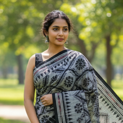 Odisha handloom contemporary motifs woven fine cotton Ikat tarabali Bandha cotton saree