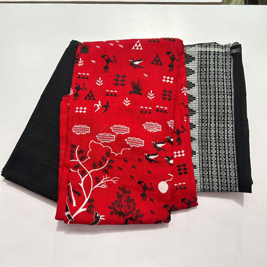 Odisha Handloom Red with Black Sambalpuri Unstitched Dress Material Set