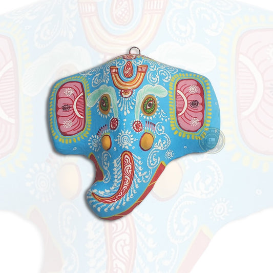 Buy this handicraft Odisha hand-painted elephant mask in vibrant blue color, perfect for traditional home décor.