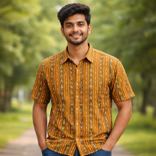 Premium Odisha Sambalpuri ikat cotton handloom half shirt for men.