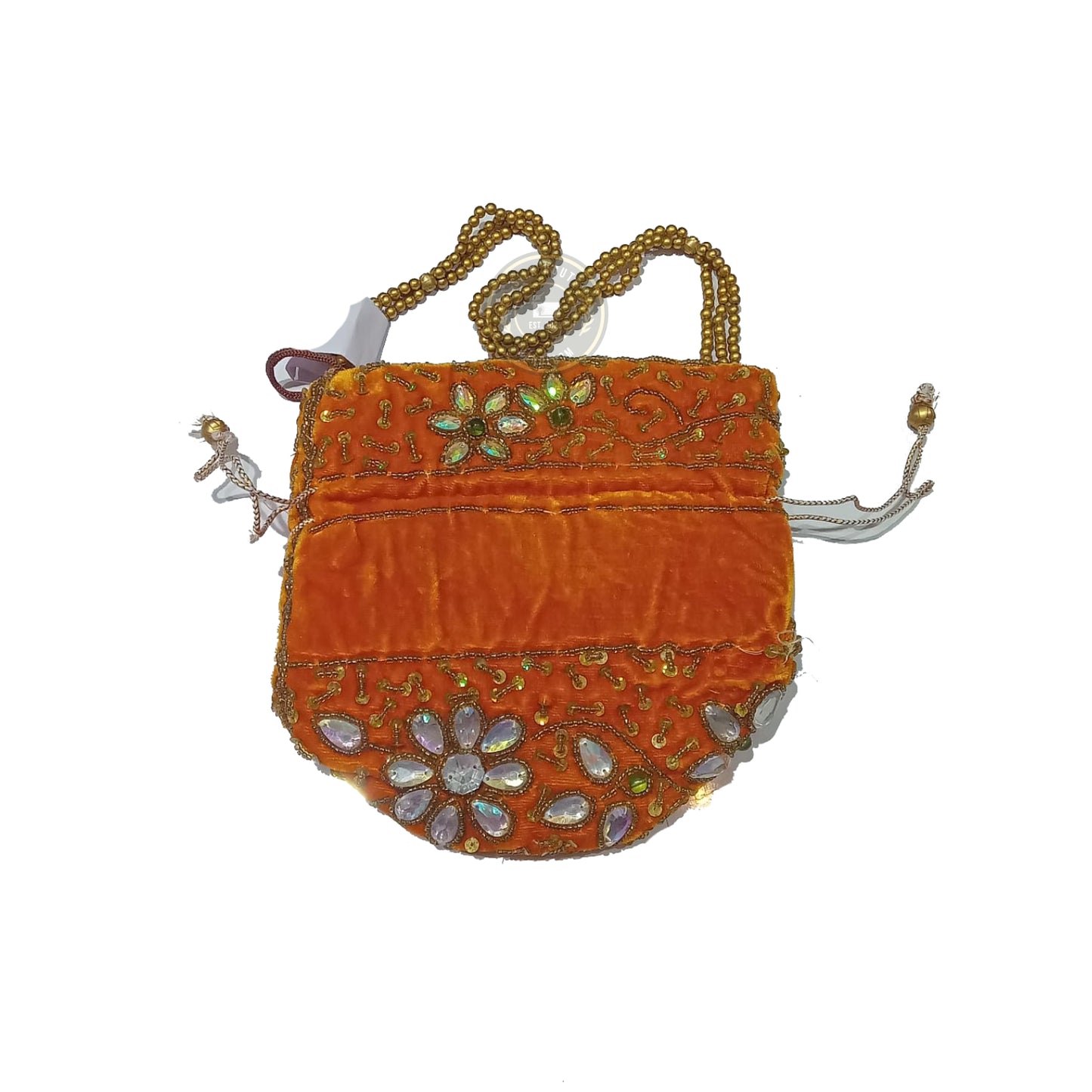 Handcrafted Velvet Potli Bag with Bead Handle and Stone Work for Festive and Wedding Use