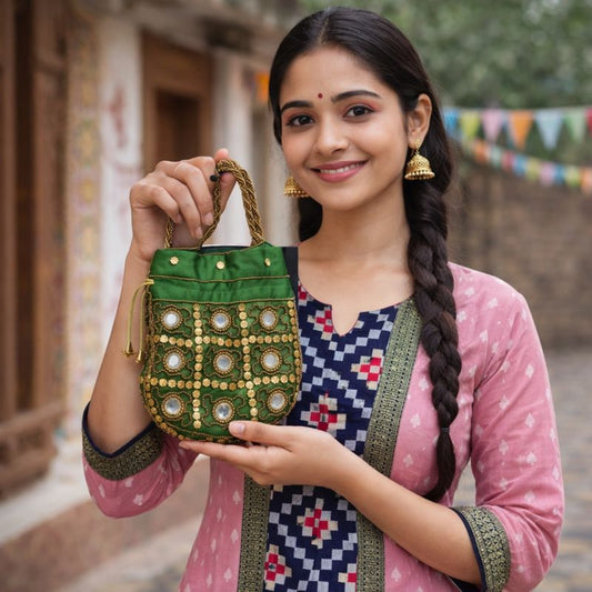 Handcrafted Green Velvet Potli Bag with Mirror and Bead Work for Festive and Wedding Use