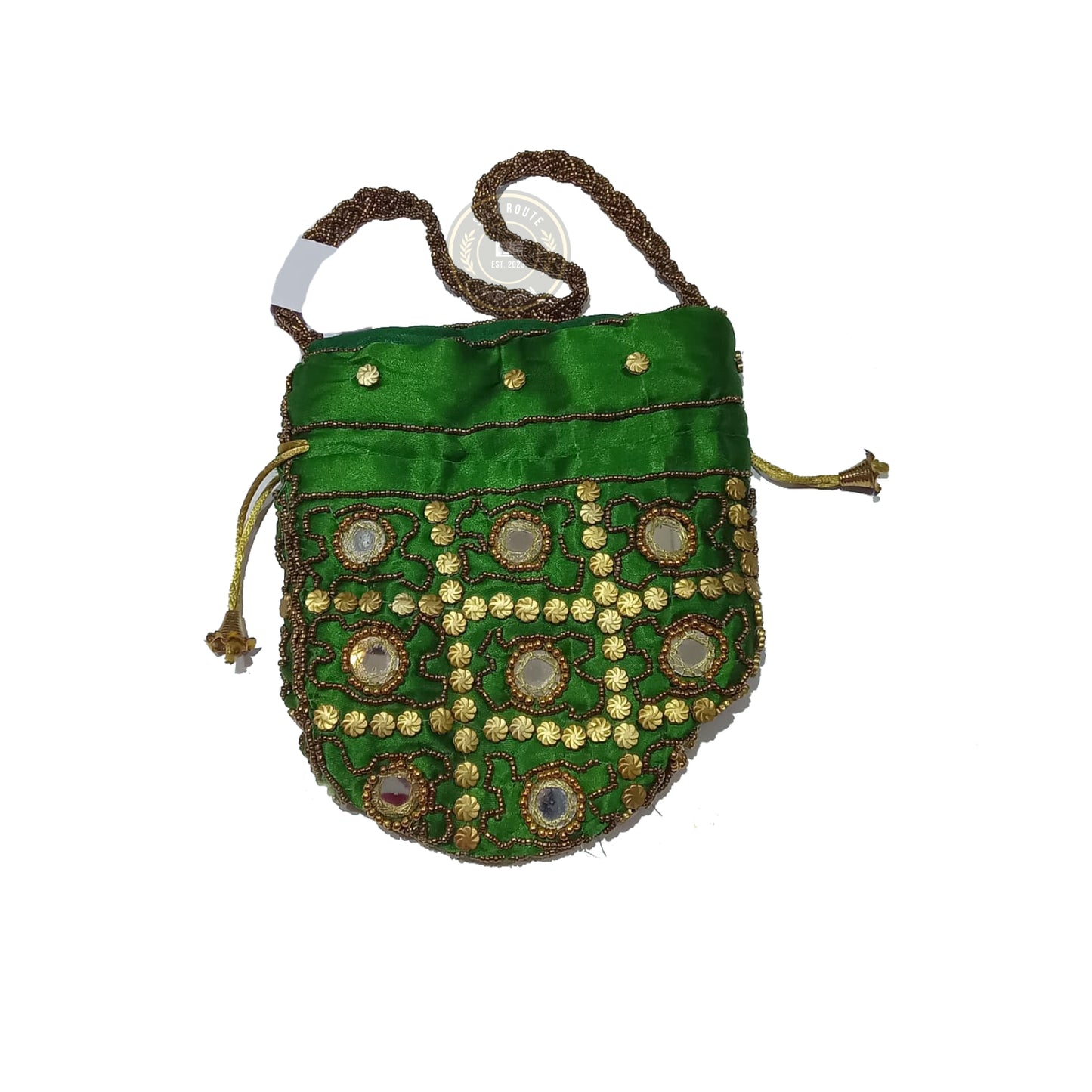 Handcrafted Green Velvet Potli Bag with Mirror and Bead Work for Festive and Wedding Use